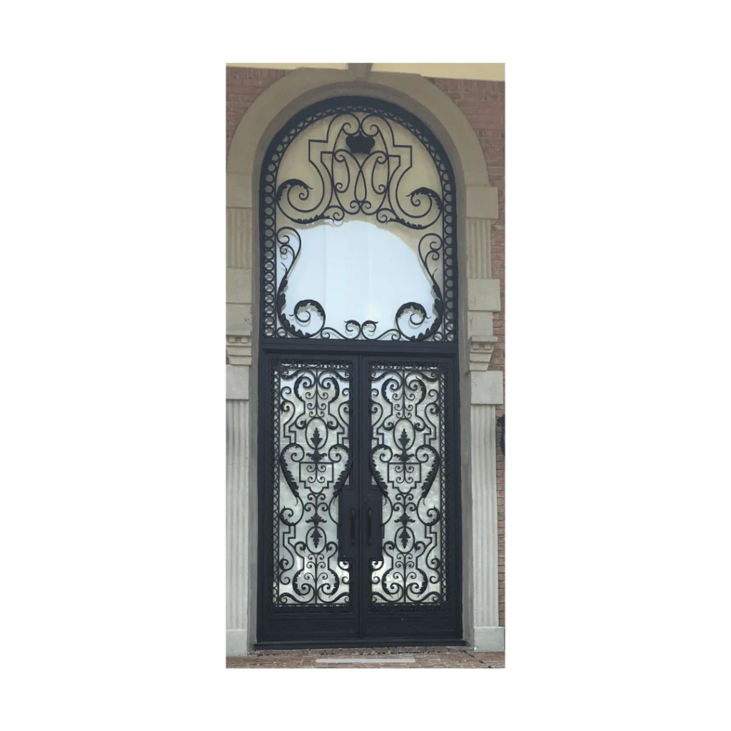 Arched wrought iron double door with decorative monogram crest EL1294 MCD