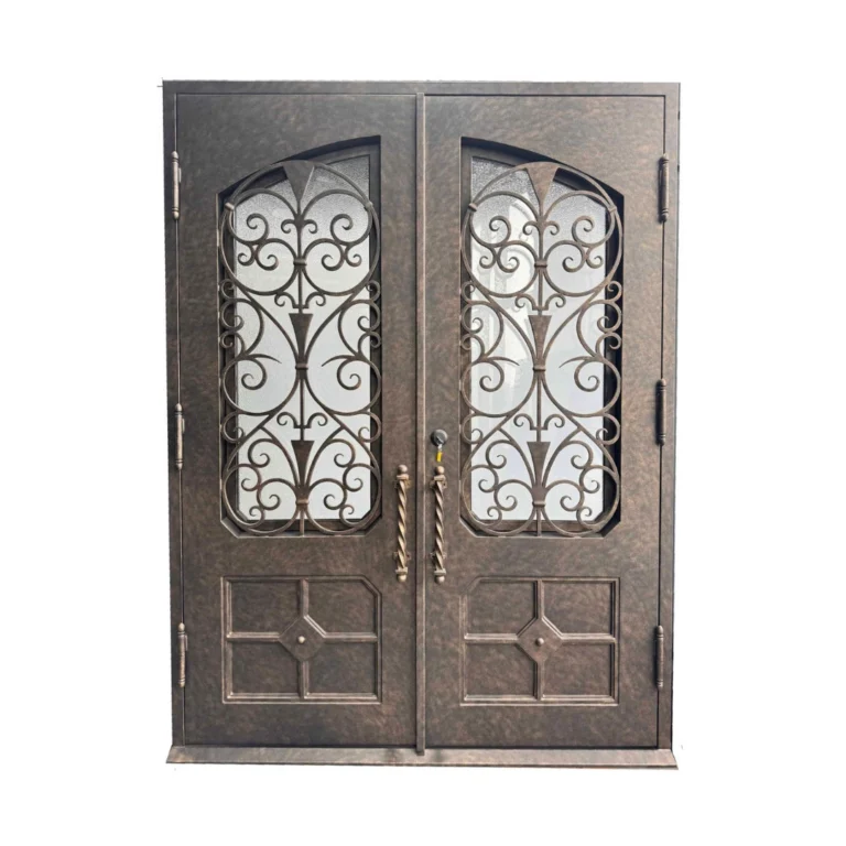 Hammered iron double door EL1443 MCD with arched insulated glass and textured finish