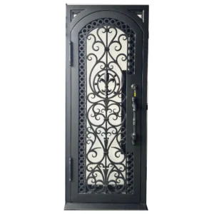 Full arch wrought iron single door EL1447 MCD with ornate grille and insulated glass panel