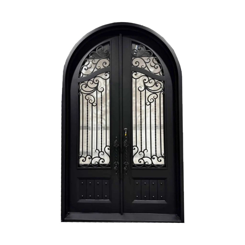 EL1456 MCD full arch wrought iron double door with decorative scrollwork and insulated glass