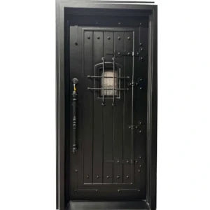 EL1574 MCD rustic wrought iron single door with vertical panels and speakeasy window insert