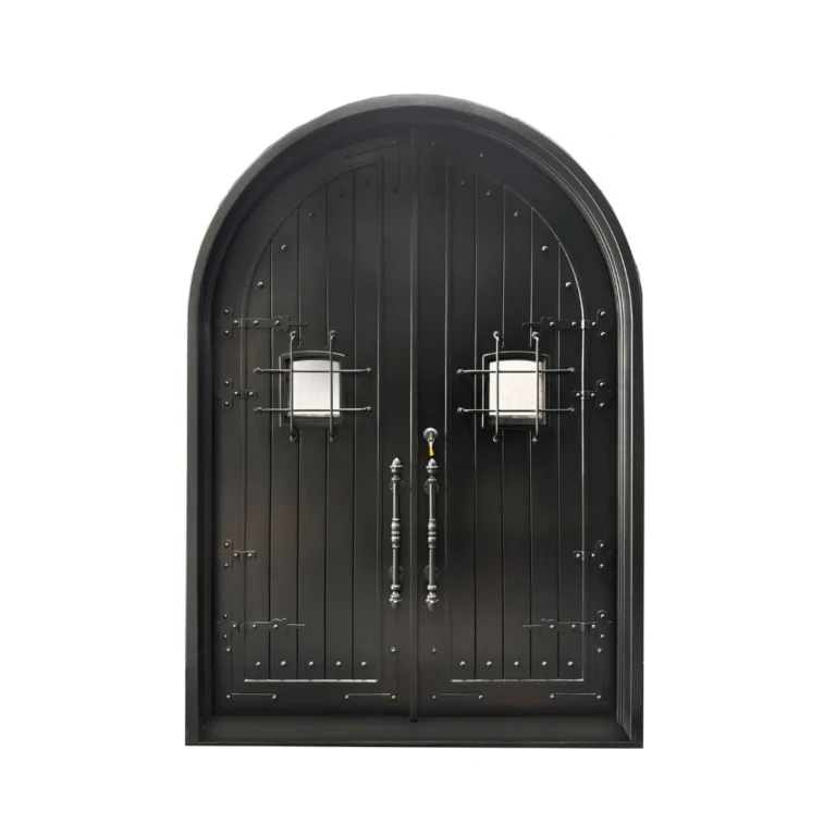 Gothic arched double wrought iron door with speadeasy grilled glass lites, black finish, 12-gauge, EL1575 MCD