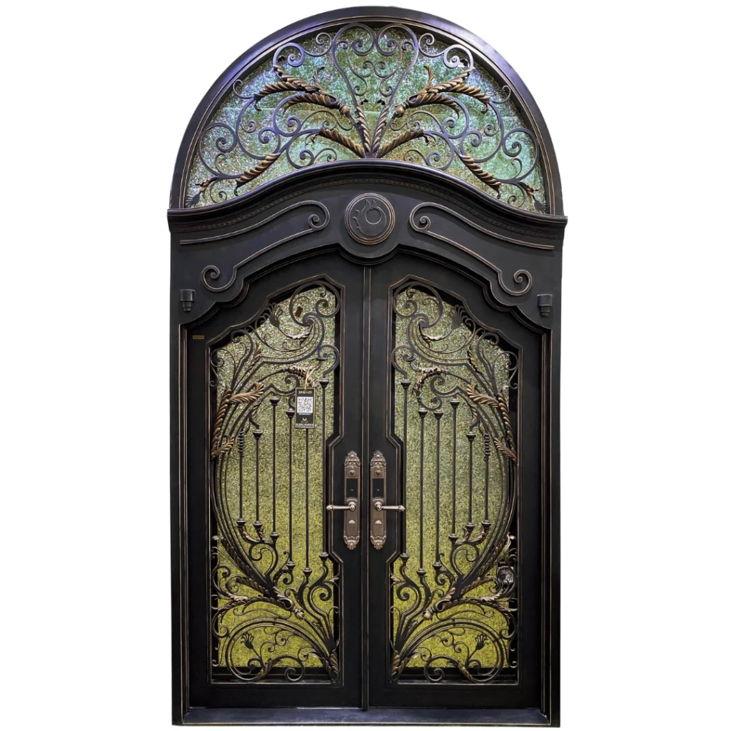 EL1582 MCD arched double iron door with crown scrollwork and insulated glass panels. custom wrought iron door installation example with decorative iron entry doors