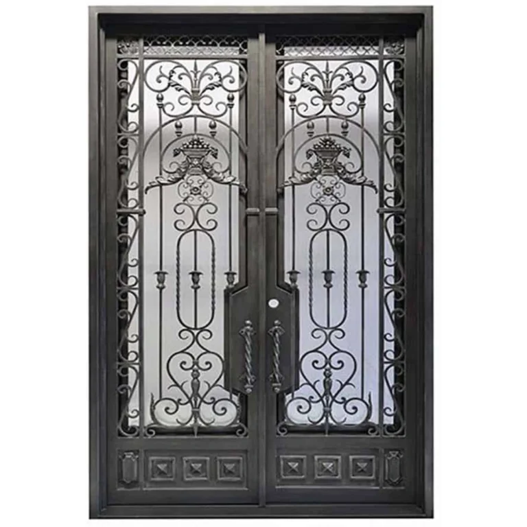 EL5054 MCD double wrought iron door with decorative crest scroll grille and insulated glass panels