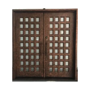 Double wrought iron entry door EL1000 with square glass grid design, handcrafted for timeless beauty, durability, and home security.