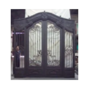 Double wrought iron door EL1001 with ornate scrollwork and arched top, handcrafted for luxury design, durability, and lasting elegance.