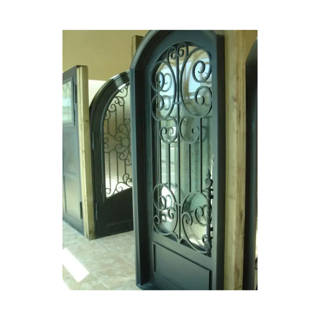 Arched wrought iron door EL1002 with scrollwork, handcrafted for durability, security, and timeless elegance in luxury home entrances.