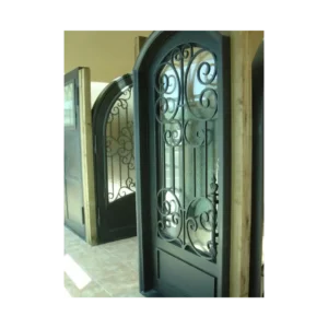 Arched wrought iron door EL1002 with scrollwork, handcrafted for durability, security, and timeless elegance in luxury home entrances.