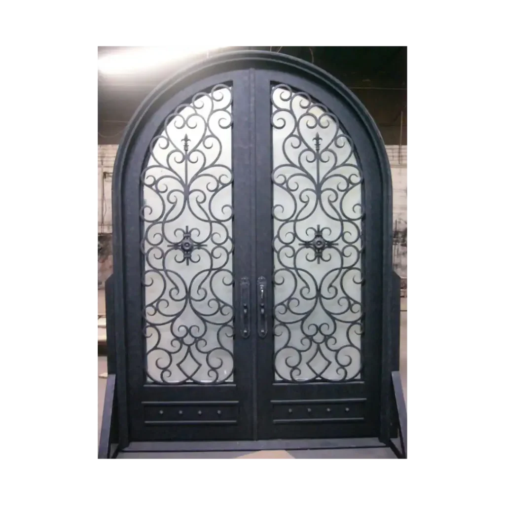 Arched wrought iron door EL1003 with ornate scrollwork and glass panels, handcrafted for strength, elegance, and luxury entryways.