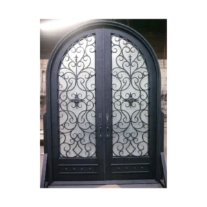 Arched wrought iron door EL1003 with ornate scrollwork and glass panels, handcrafted for strength, elegance, and luxury entryways.