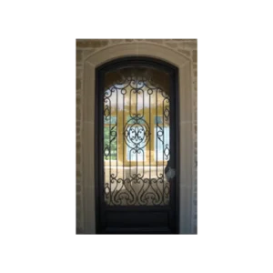 Single wrought iron door EL1004 with arched scroll detailing over glass, handcrafted for strength and elegance.