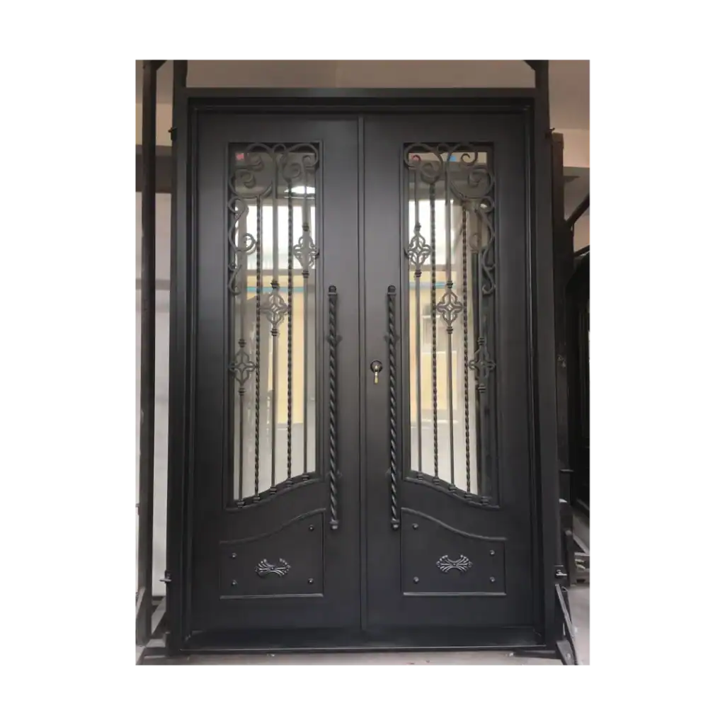 Double wrought iron door EL1016 MCD with scroll panels and lower accents, handcrafted for strength and timeless luxury.