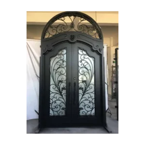 Double arched wrought iron door EL1046-2 MCD with ornate transom and scrollwork, handcrafted for elegance and security.