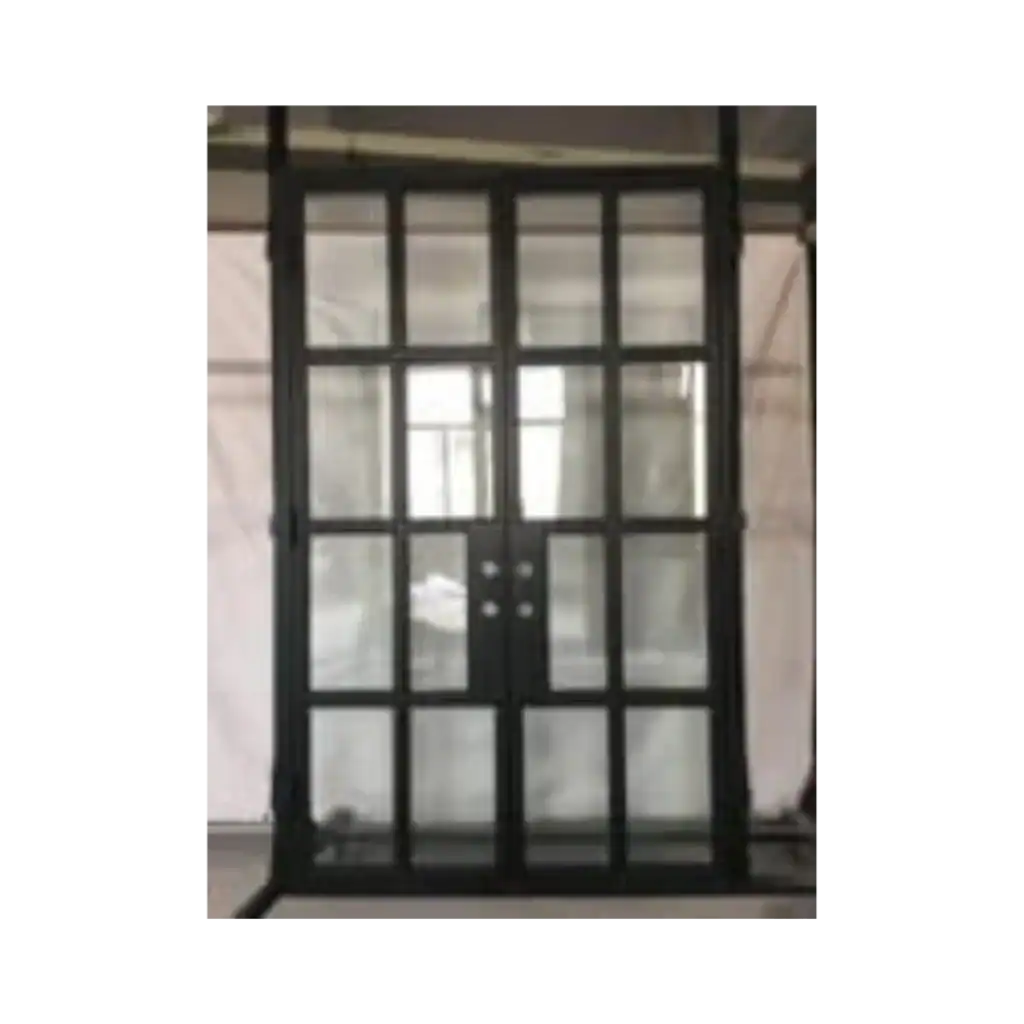 Wrought iron door EL1022 MCD with modern grid-style iron frame and glass panels, handcrafted for strength and contemporary style.