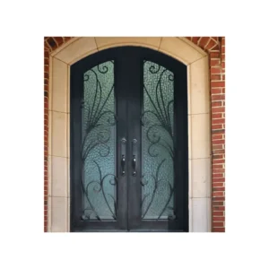 Double arched wrought iron door EL1020 MCD with vine scrollwork and glass panels, handcrafted for strength and elegance.