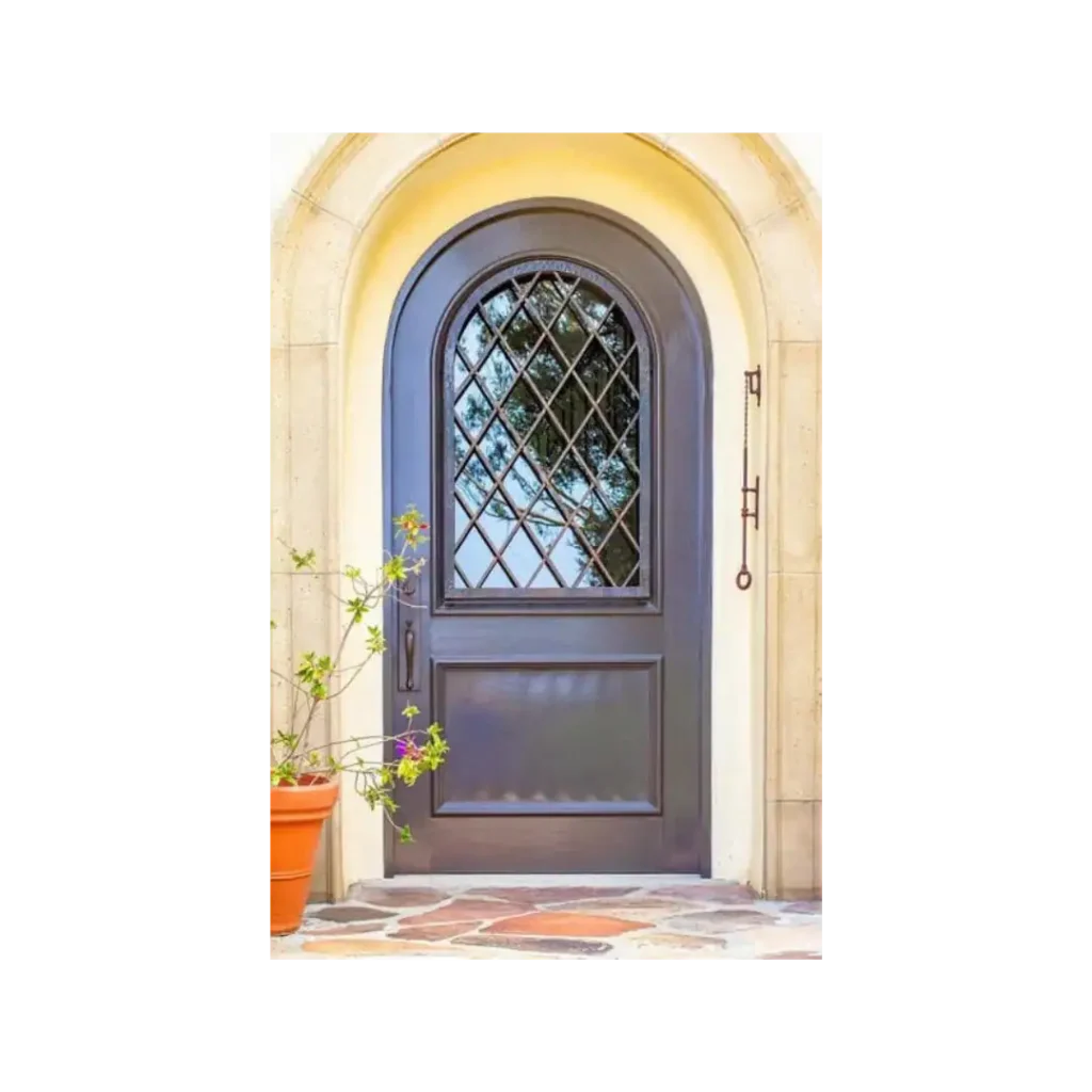 Single arched wrought iron door EL1023 MCD with diamond glass pattern, handcrafted for rustic charm and strength.