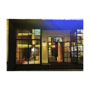 Double wrought iron door EL1025 MCD with wide modern glass panels, handcrafted for durability and contemporary elegance.