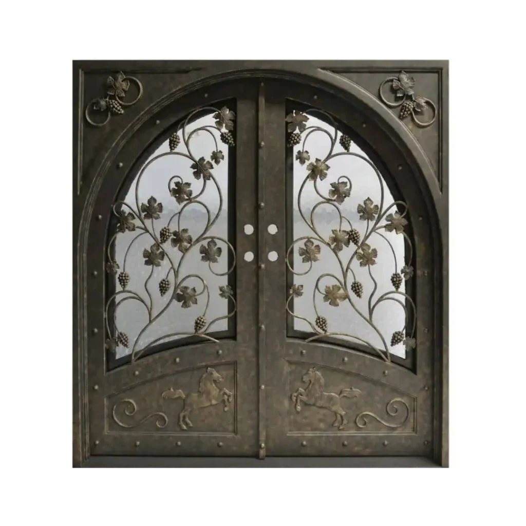 EL1027 MCD Elegant Kentucky Derby inspired wrought iron door with glass panels, handcrafted for strength and elegance.