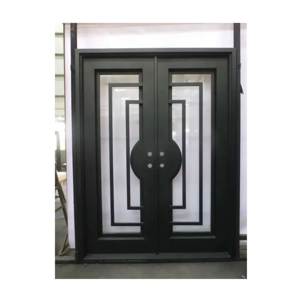 Double wrought iron door EL1031 MCD with modern geometric design and glass panels, handcrafted for durability and sleek style.
