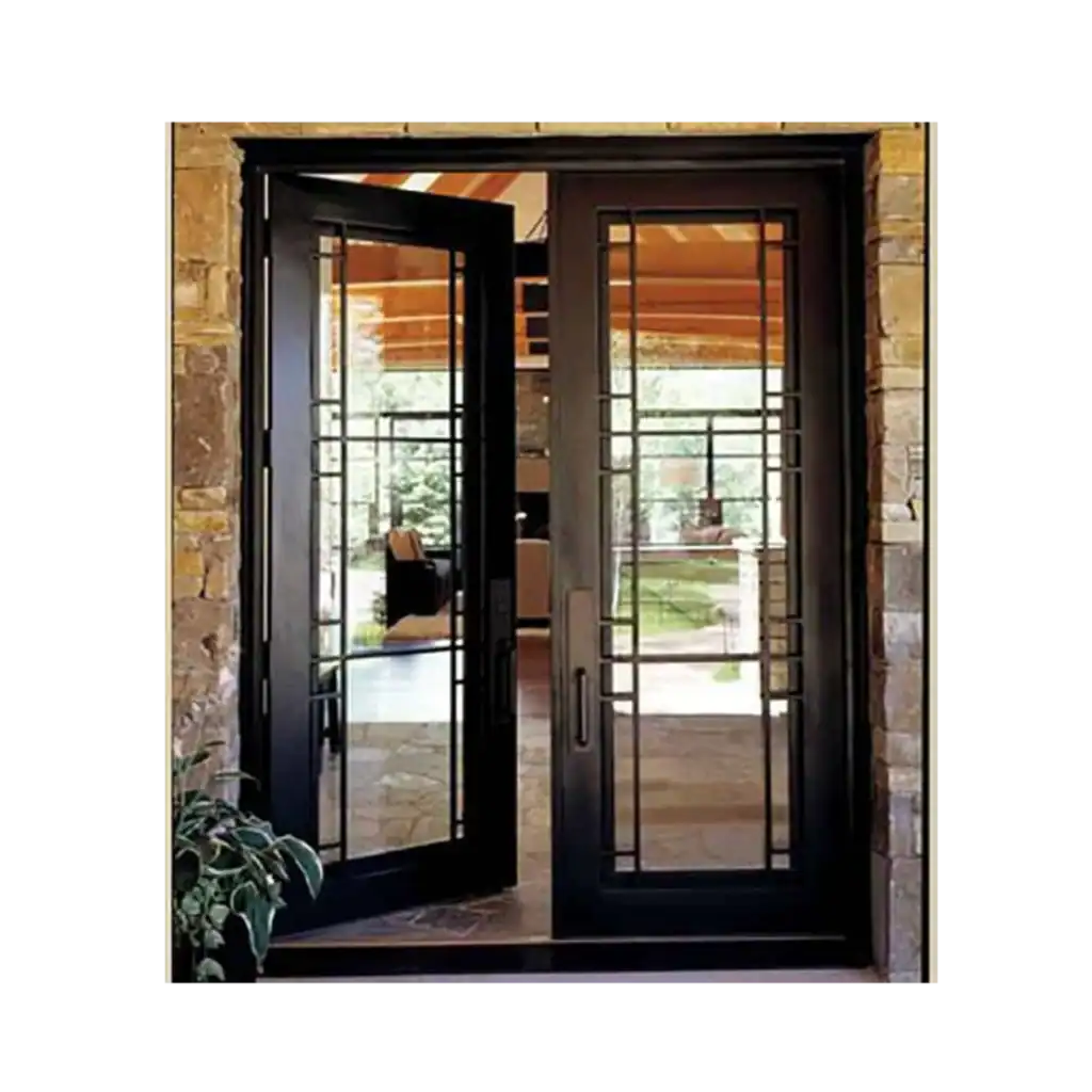 Double wrought iron door EL1039 MCD with tall glass panels and scroll accents, handcrafted for strength and elegance.