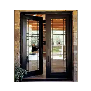 Double wrought iron door EL1039 MCD with tall glass panels and scroll accents, handcrafted for strength and elegance.