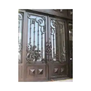 Double wrought iron door EL1041 MCD with scroll panels and raised accents, handcrafted for durability and elegance.