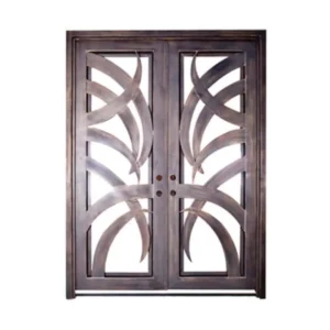 Double wrought iron door EL1042 MCD with abstract curved iron and glass, handcrafted for modern artistry and strength.