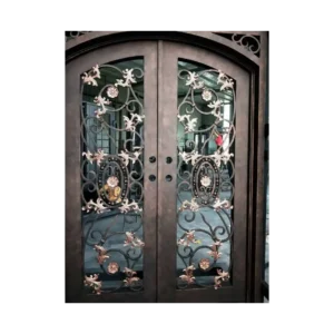 EL1043 MCD Elite Style wrought iron door with ornate scrollwork and glass panels, offering durability, elegance, and secure design.