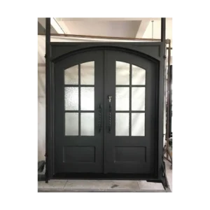 Double wrought iron door EL1044 MCD with square glass grid, modern durable design for secure and elegant entry.