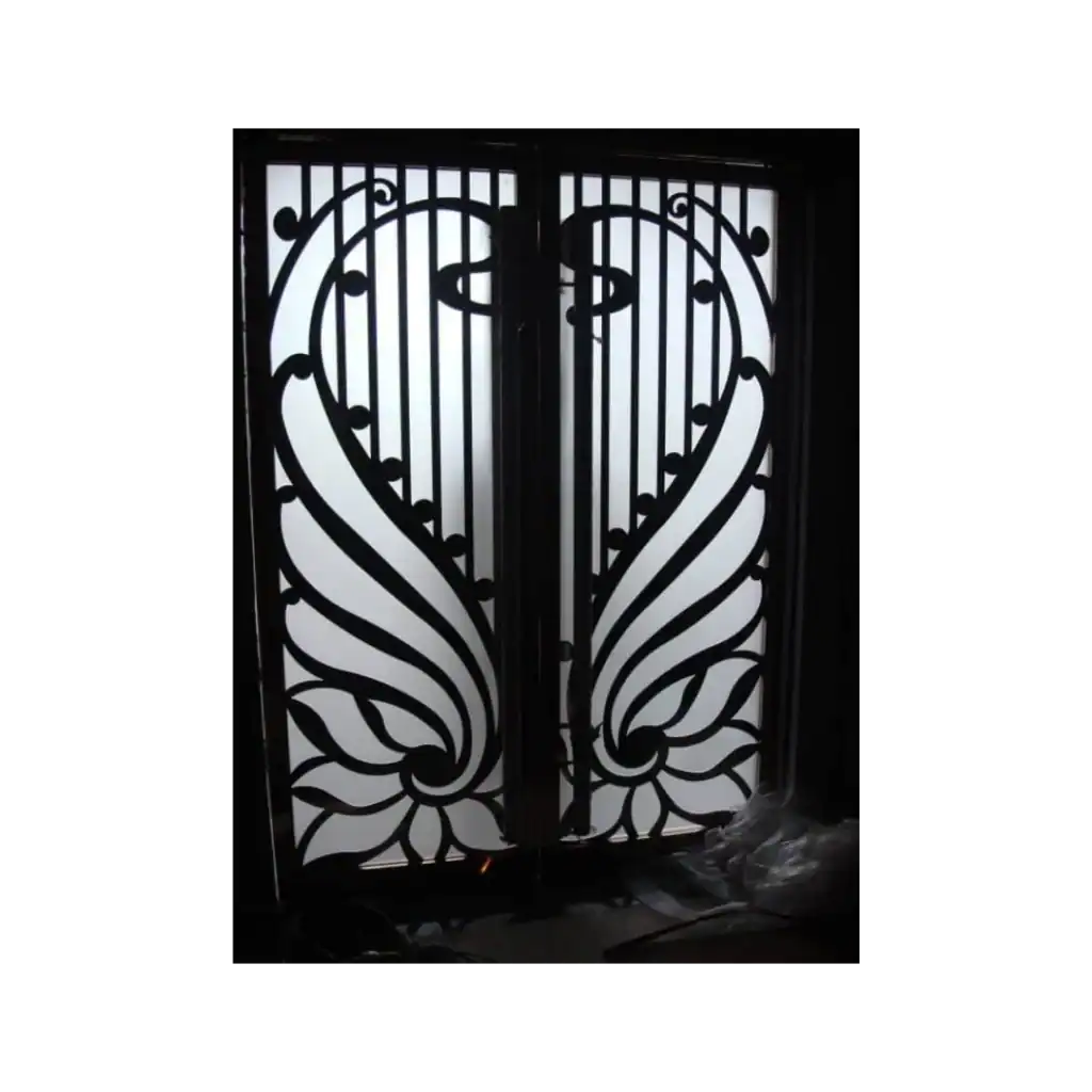 Wrought iron door EL1048 MCD with elegant winged scroll design and glass panels, built for durability and style.