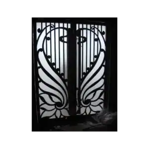 Wrought iron door EL1048 MCD with elegant winged scroll design and glass panels, built for durability and style.