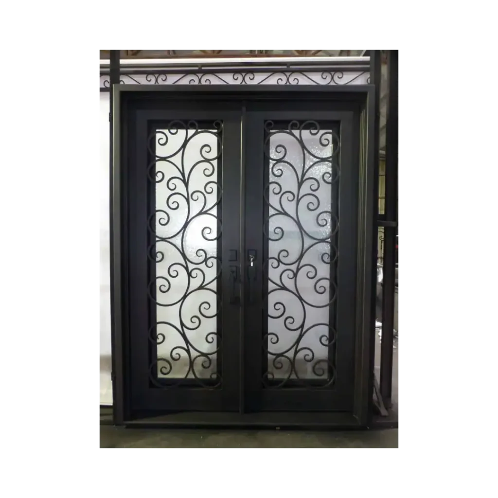 Double wrought iron door EL1052 MCD with vertical scroll panels, crafted for elegance, durability, and secure entry design
