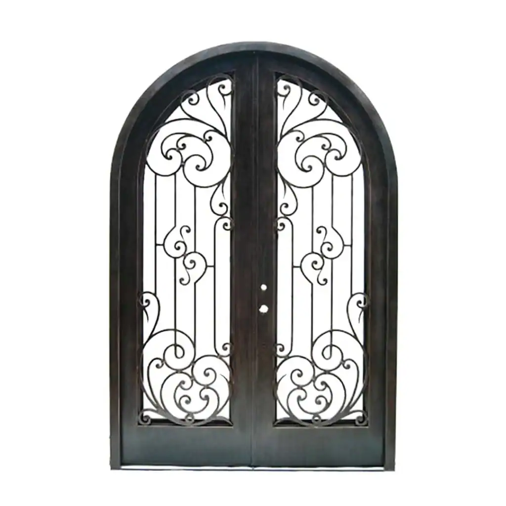 EL1056 MCD Classic Revival Scrollwork wrought iron door with arched frame and glass panels, combining artistry, durability, and security.