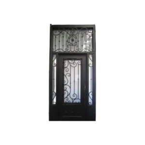 Single wrought iron door EL1083 MCD with scroll panels and transom, handcrafted for elegance and durability.