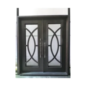 Double wrought iron door EL1087 MCD with circular glass panel design, handcrafted for durability and modern style.