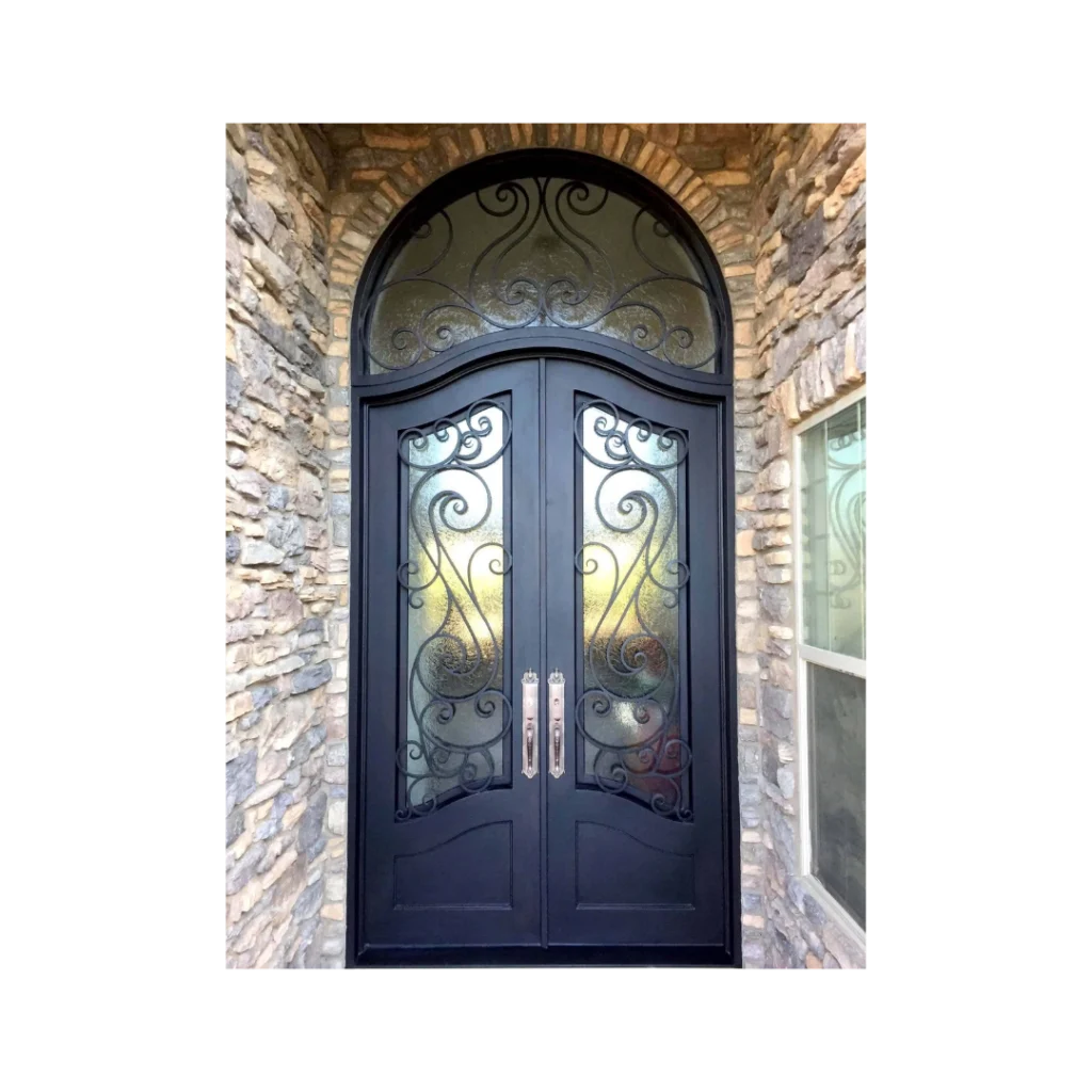 Double arched wrought iron door EL1092 MCD with bold scroll crown design and glass, handcrafted for elegance and durability.