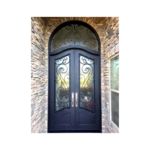 Double arched wrought iron door EL1092 MCD with bold scroll crown design and glass, handcrafted for elegance and durability.