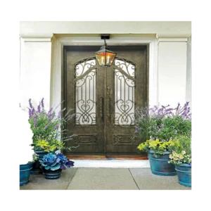 Double wrought iron door EL1096 MCD with scrollwork and textured glass, handcrafted for elegance, privacy, and durability.