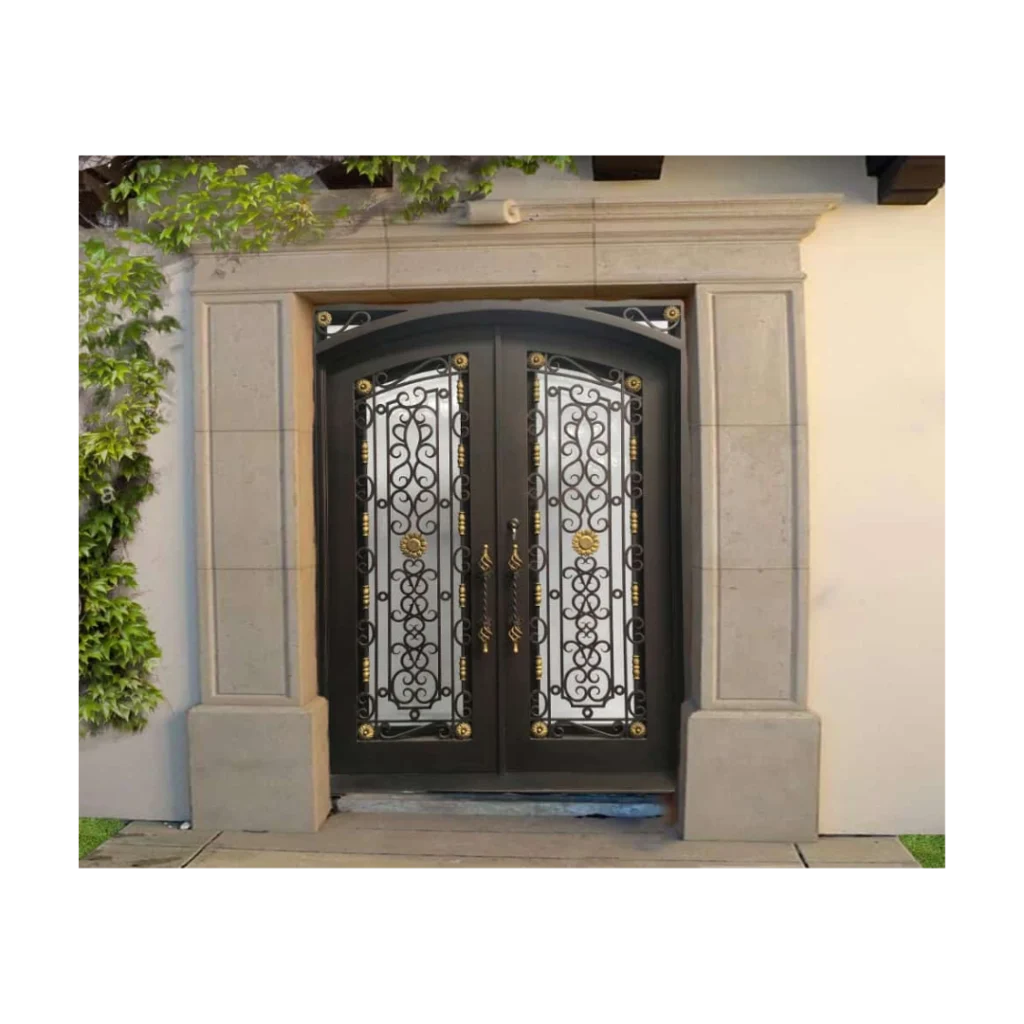 Double arched wrought iron door EL1098 MCD with ornate scrollwork and sidelights, handcrafted for elegance and strength.