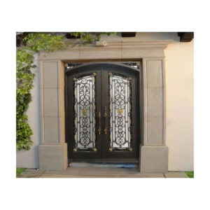 Double arched wrought iron door EL1098 MCD with ornate scrollwork and sidelights, handcrafted for elegance and strength.