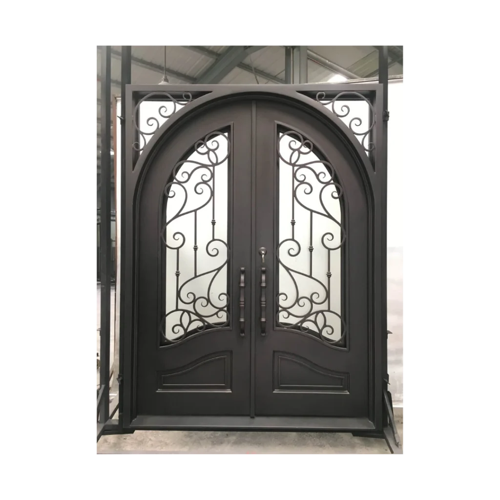 Double arched wrought iron door EL1100 MCD with scrollwork and eyebrow arch transom, hand-forged for secure elegance.