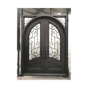 Double arched wrought iron door EL1100 MCD with scrollwork and eyebrow arch transom, hand-forged for secure elegance.