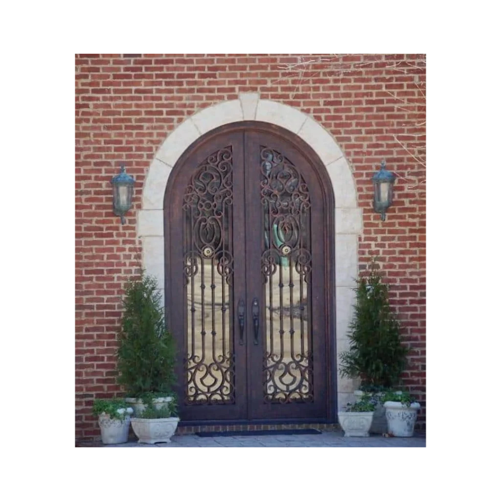 Double arched wrought iron door EL1102 MCD with ornate scrollwork and grille, hand-forged for luxury strength and style.