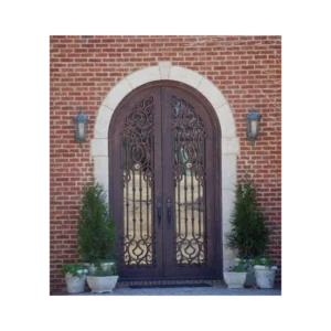 Double arched wrought iron door EL1102 MCD with ornate scrollwork and grille, hand-forged for luxury strength and style.