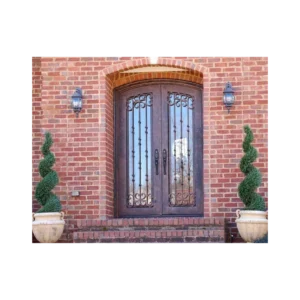 Double wrought iron door EL1105 MCD with grille and mullion details, hand-forged for elegance and strength.