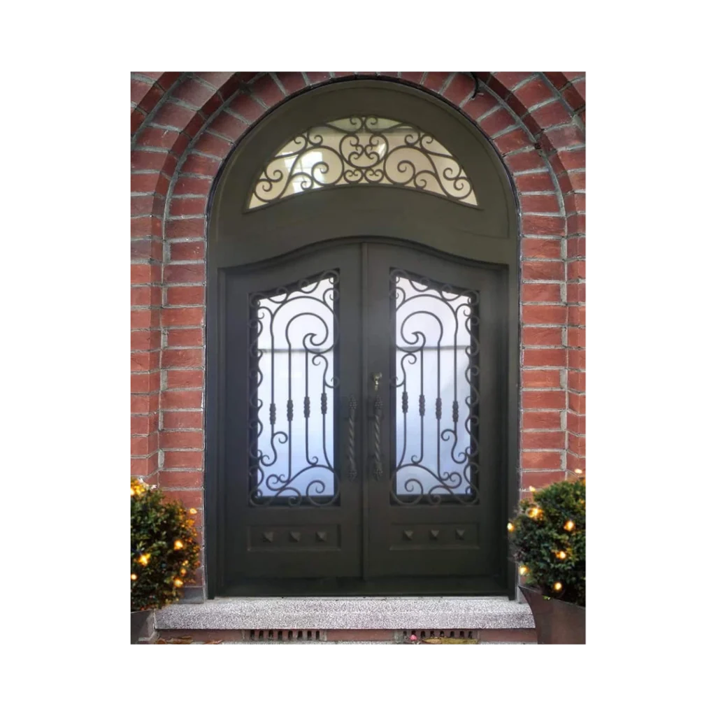 Arched double wrought iron door EL1117 MCD with scrollwork and decorative transom, hand-forged for luxury appeal.