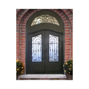 Arched double wrought iron door EL1117 MCD with scrollwork and decorative transom, hand-forged for luxury appeal.
