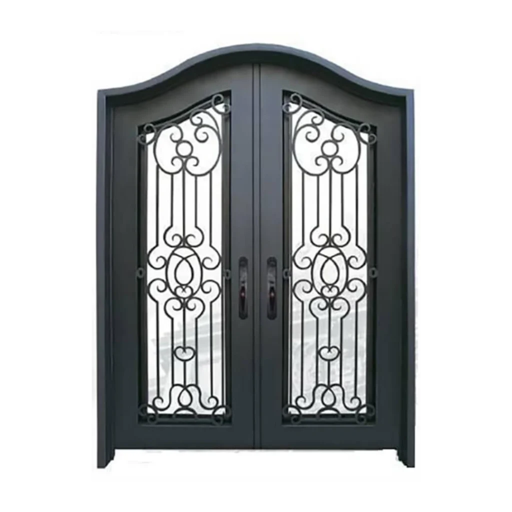 Double wrought iron door EL1119 MCD with scrollwork and mullion panel accents, hand-forged for strength and artistry.