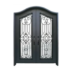 Double wrought iron door EL1119 MCD with scrollwork and mullion panel accents, hand-forged for strength and artistry.