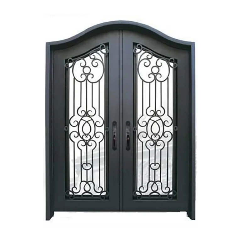 Double wrought iron door EL1119 MCD with scrollwork and mullion panel accents, hand-forged for strength and artistry.